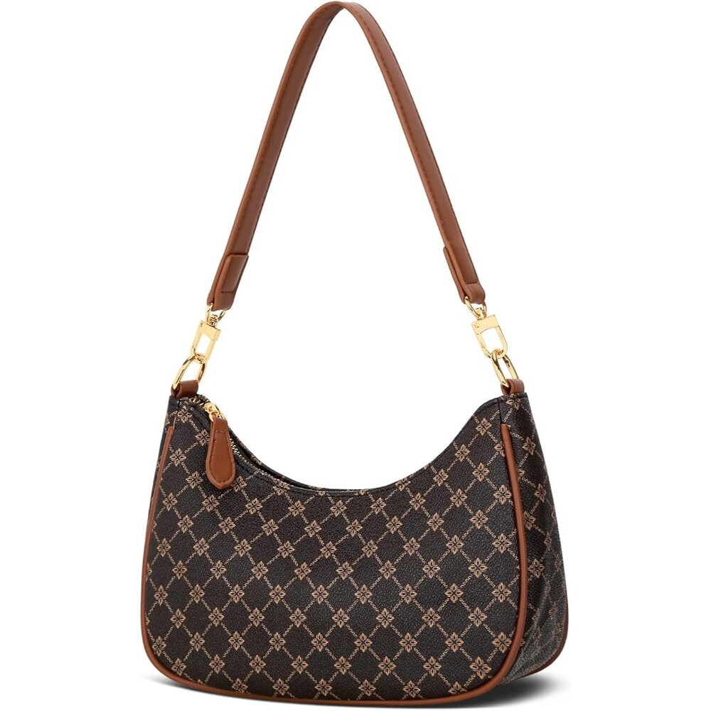 Women's Brown Flower Leather Gold Chain Strap Underarm Zipper Pouch Hobo Purses